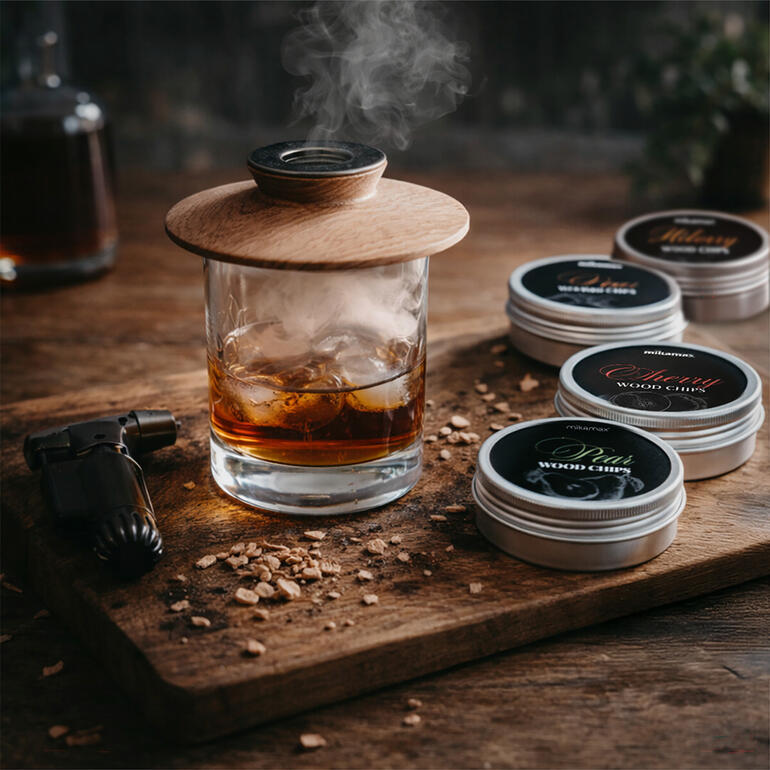 Whiskey-Smoker avec de la fumée au-dessus d'un verre de whisky sur une table en bois.