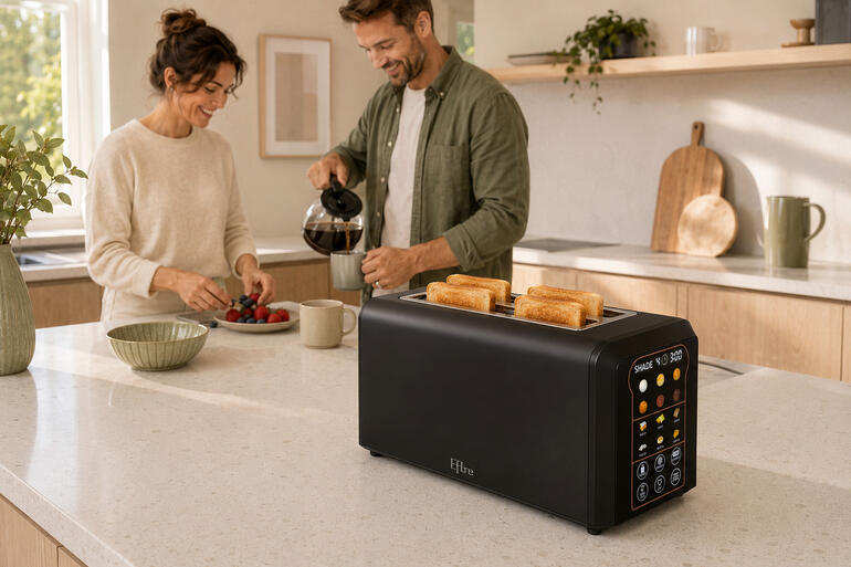 Couple préparant le petit déjeuner dans une cuisine moderne avec un grille-pain.