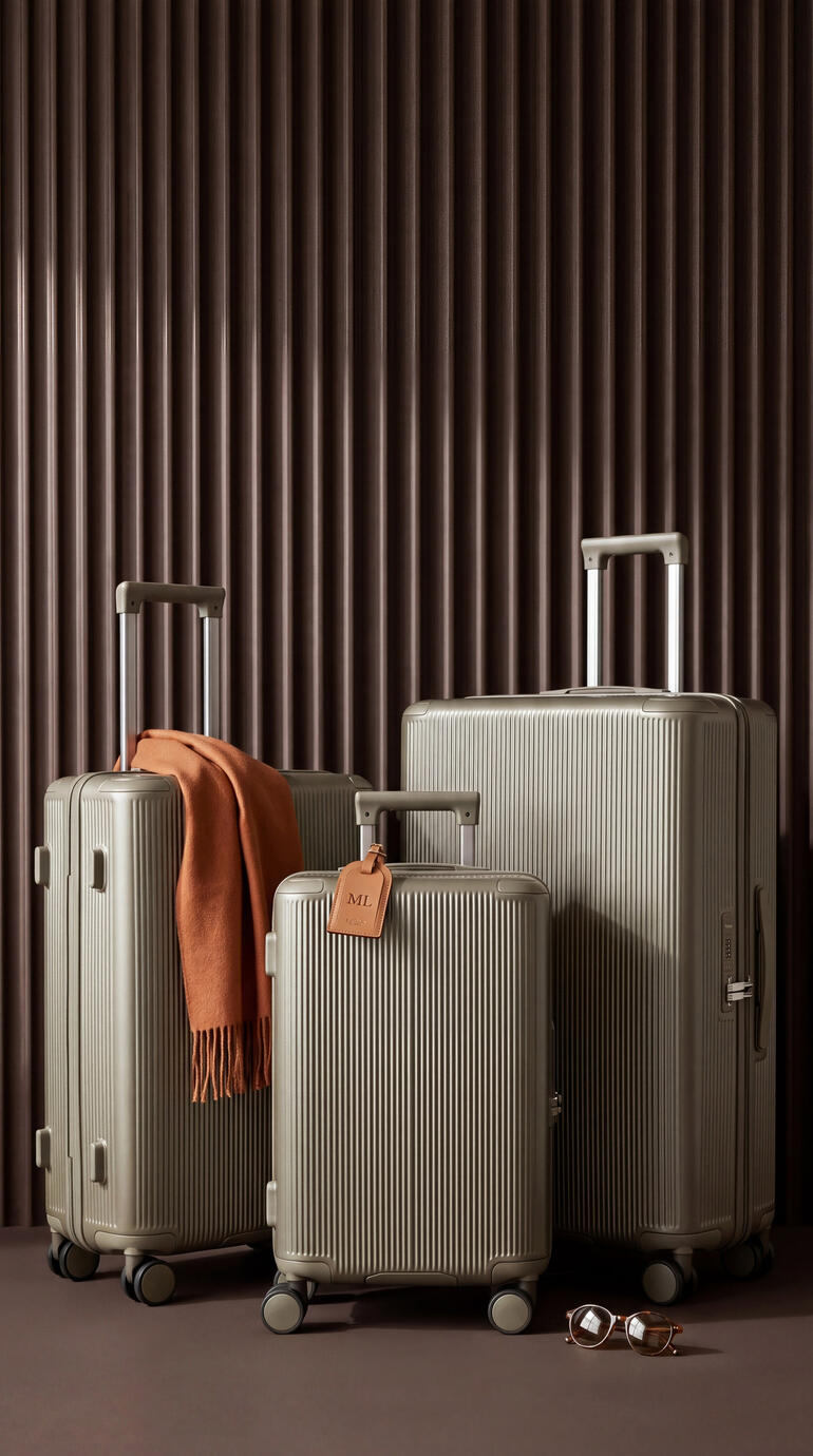 Trois valises rigides de différentes tailles sur fond sombre