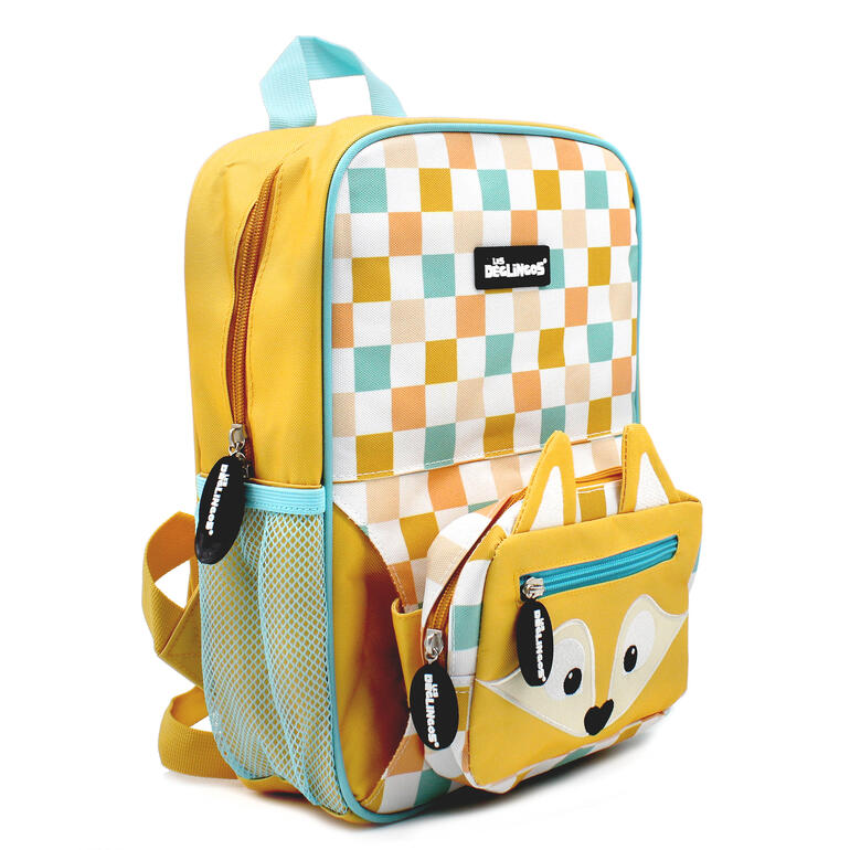 Sac à dos 2-en-1 pour enfants avec ceinture ventrale en motifs à carreaux colorés, vue de face.
