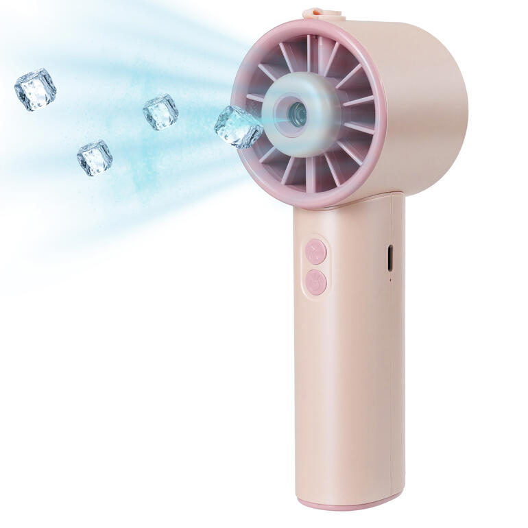 Ventilateur Hydro-Mini en rose, émettant des glaçons et de la fraîcheur.