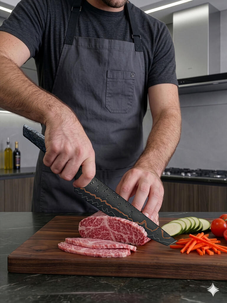Homme en tablier coupe de la viande avec un couteau de chef Cu-Mai sur une planche à découper.