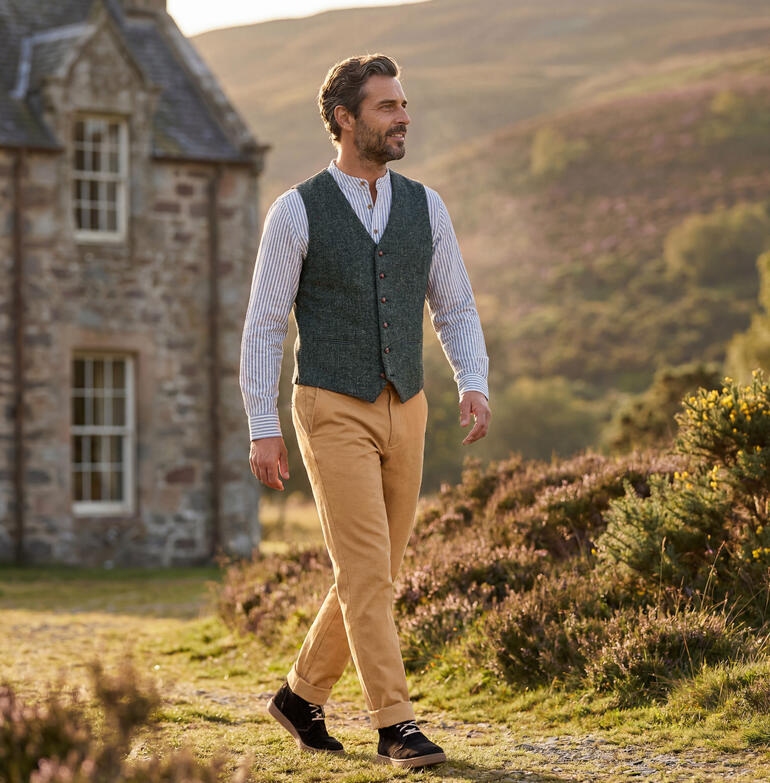 Homme en chemise en flanelle Grandfather et gilet marchant sur un chemin dans la nature.