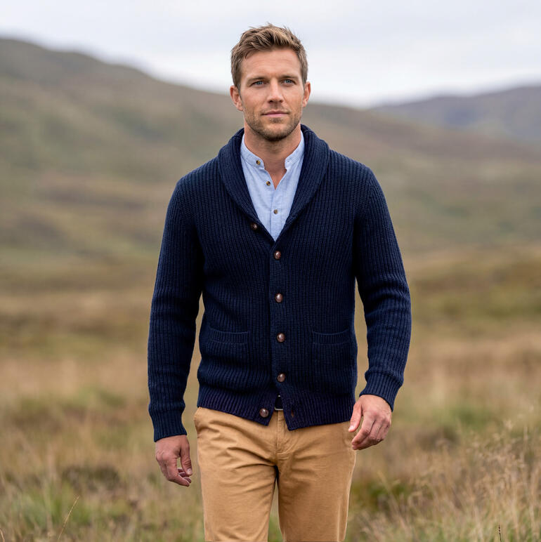 Homme portant une chemise en flanelle tricotée avec des boutons, marchant dans un paysage d'automne