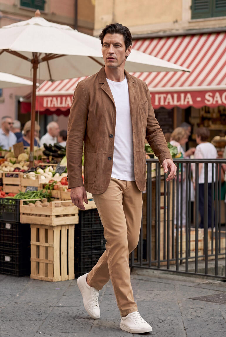 Homme en veste en cuir marron marchant devant un marché de légumes