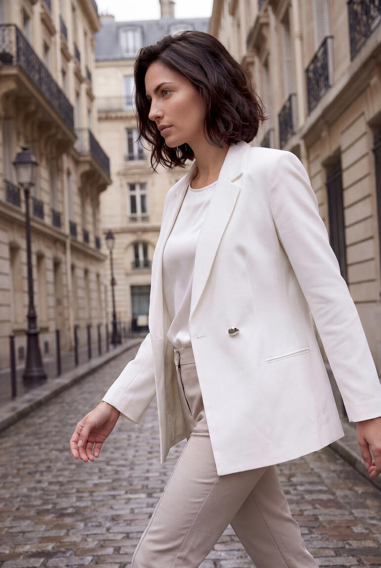 Femme en blazer blanc et pantalon clair marchant dans la ville.