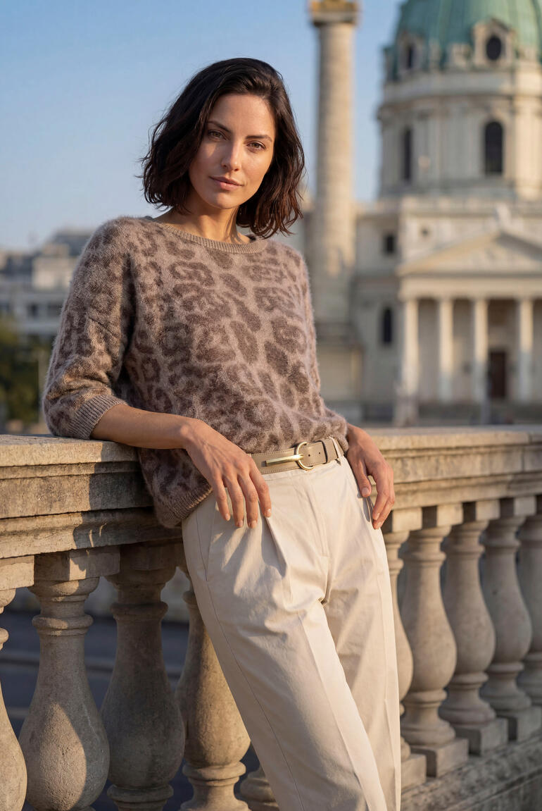 Femme en pull en cachemire brossé devant un bâtiment historique
