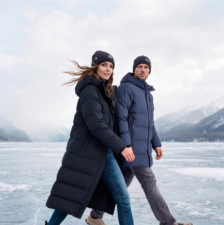 Couple marchant en parkas matelassées imperméables dans un environnement froid