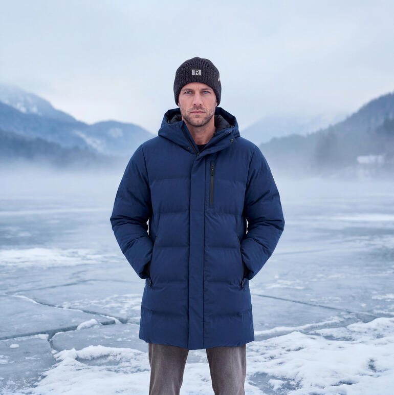 Homme portant un parka d'hiver Tretorn sur une surface gelée.