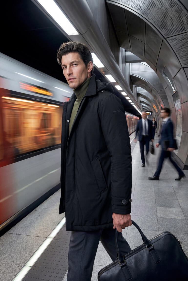 Homme en manteau professionnel noir dans un environnement de gare
