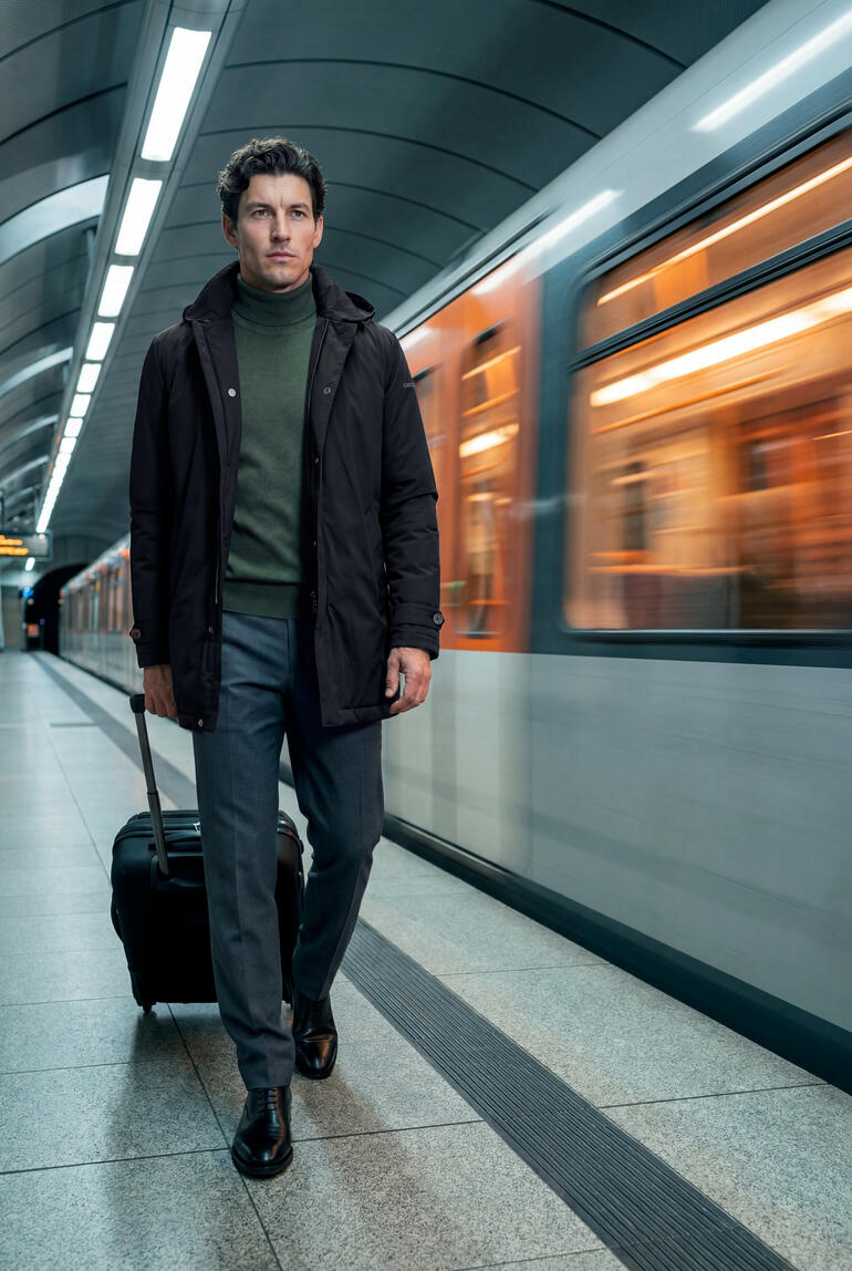 Homme avec une valise en manteau professionnel noir dans un environnement de gare