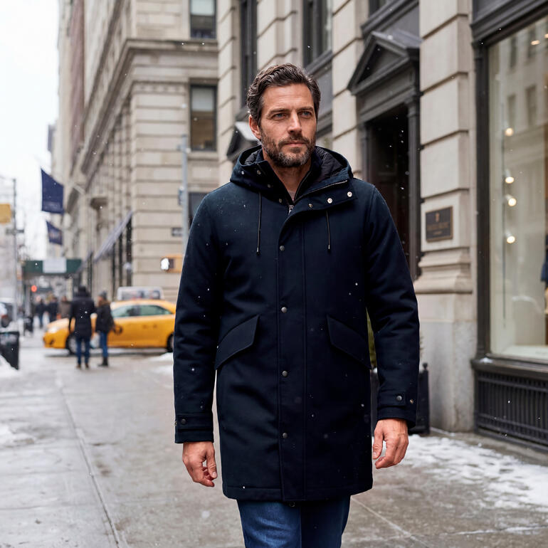 Homme dans un long parka en laine 3-en-1 noir dans une ville froide
