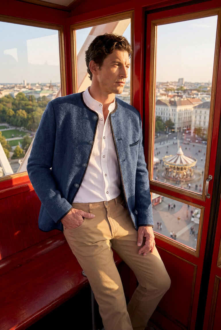 Homme en janker Walk Stapf bleu marine se tenant dans la grande roue avec vue sur la ville.