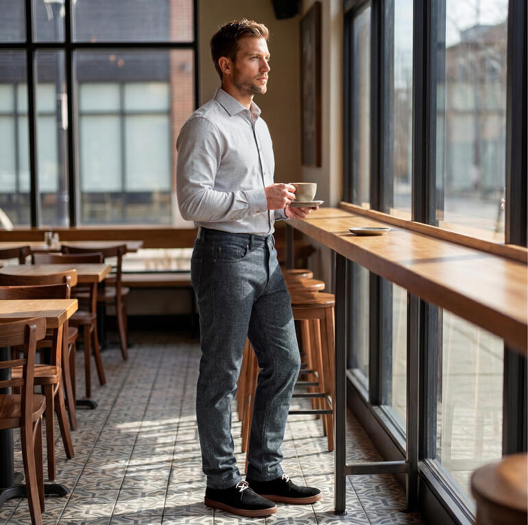 Homme en jeans en laine se tient devant une grande fenêtre tenant une tasse
