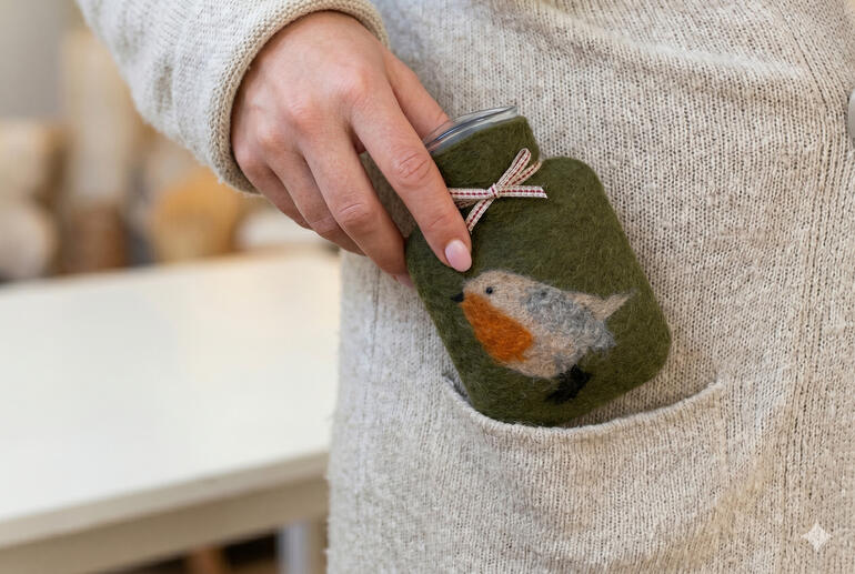 Chauffe-mains en forme de petite bouillotte avec un motif rouge-gorge.