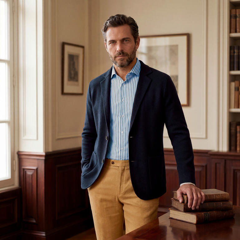 Homme en blazer Milano-Knit posant dans une pièce avec des étagères