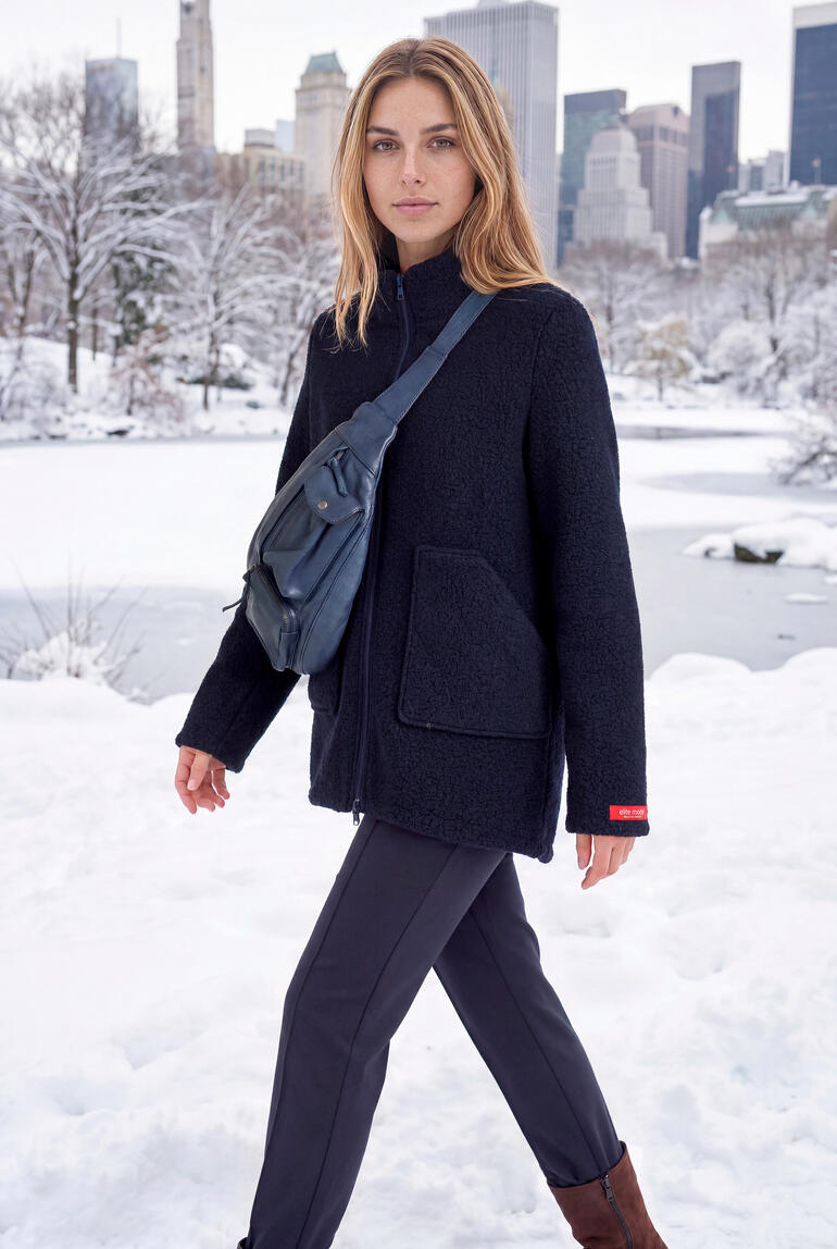 Femme portant une veste en laine sherpa polaire avec un sac à bandoulière dans la neige