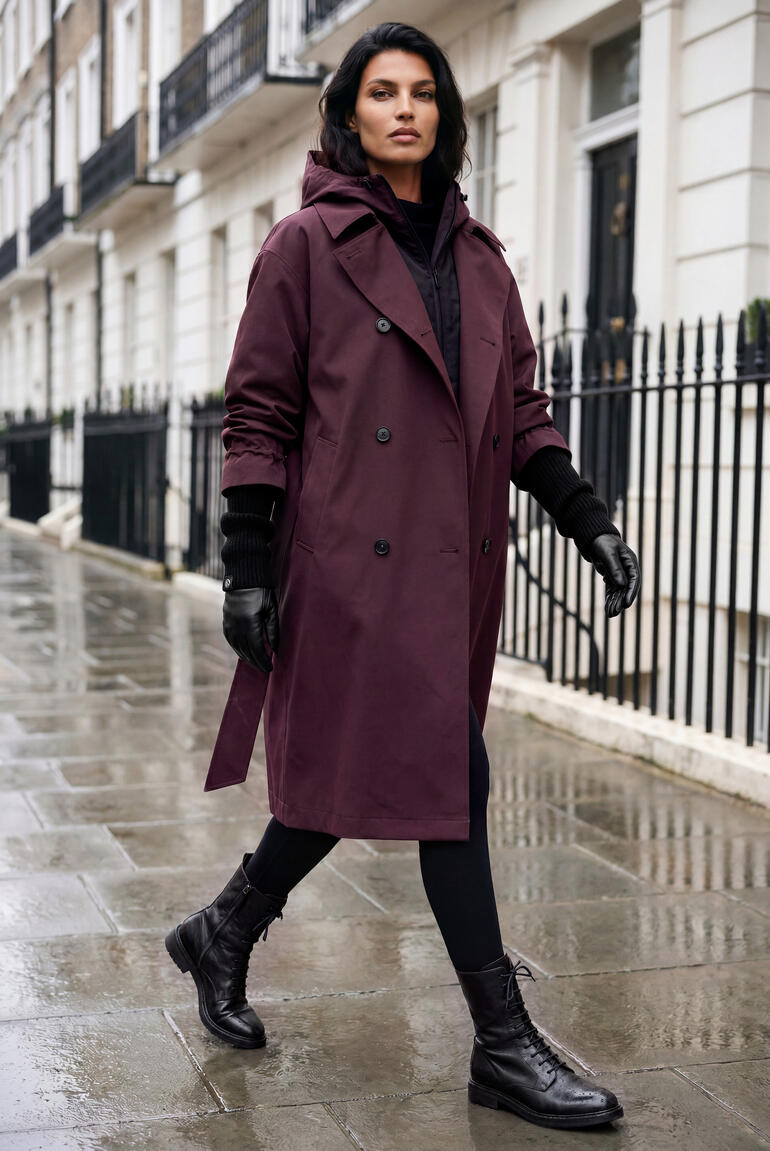 Femme dans un trench-coat transformable avec des gants noirs