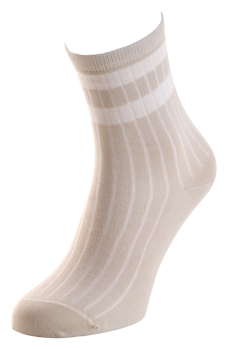 Chaussette à rayures beige-blanc en position verticale.