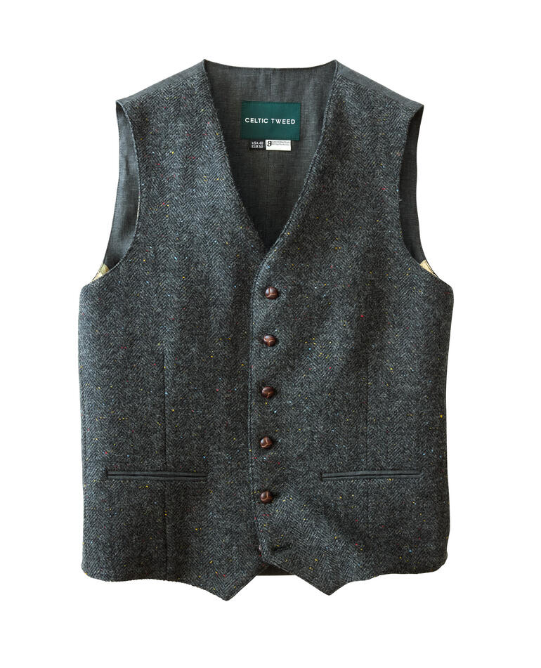 Gilet en lin tweed anthracite avec boutons.