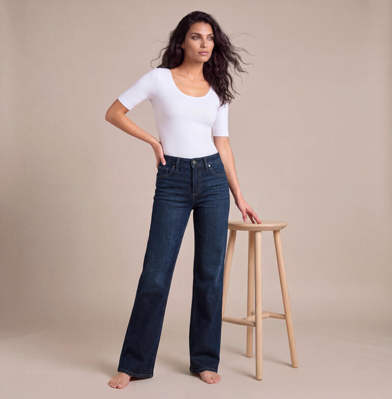 Femme portant un jean confortable avec un haut blanc et un col montant.