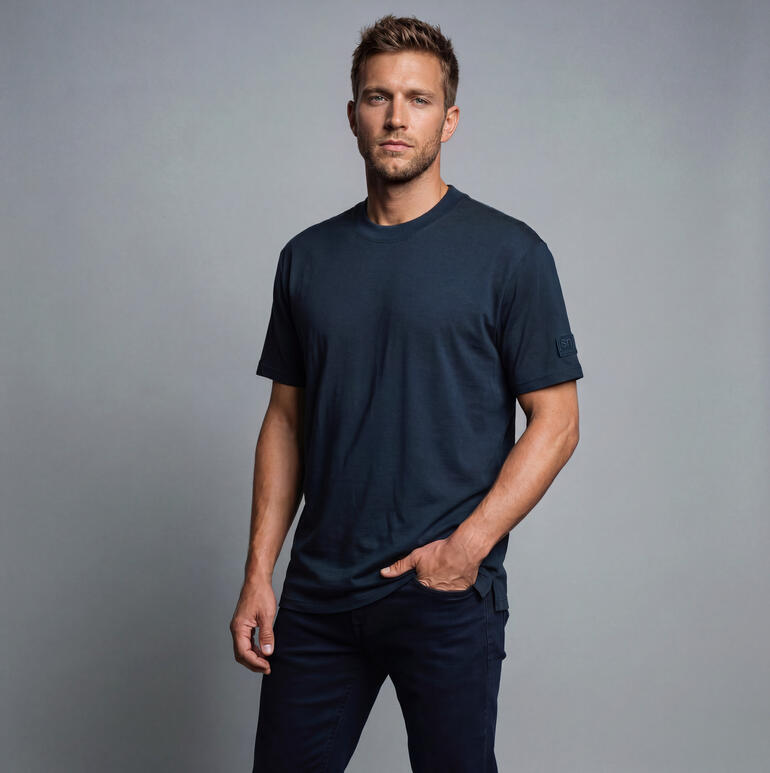 Homme portant un T-shirt navy au design simple
