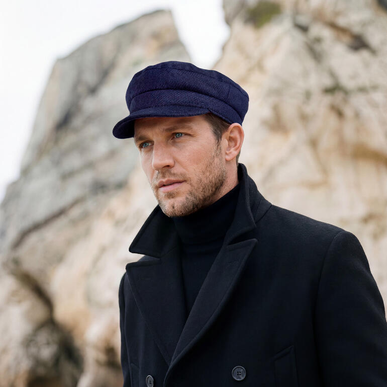 Casquette skipper en tweed marine portée par un homme dans la nature.