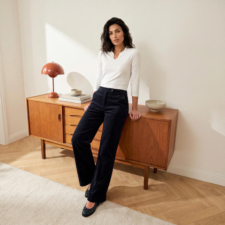 Femme portant un pantalon en velours côtelé jacquard bleu de FC, pose décontractée à l'intérieur