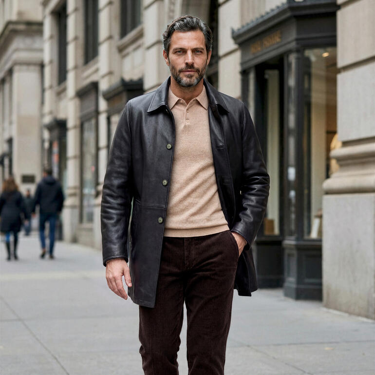 Homme portant un manteau court en cuir de cerf dans la rue