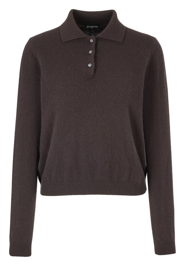 Polo en cachemire pour femmes en brun avec boutons et manches longues.