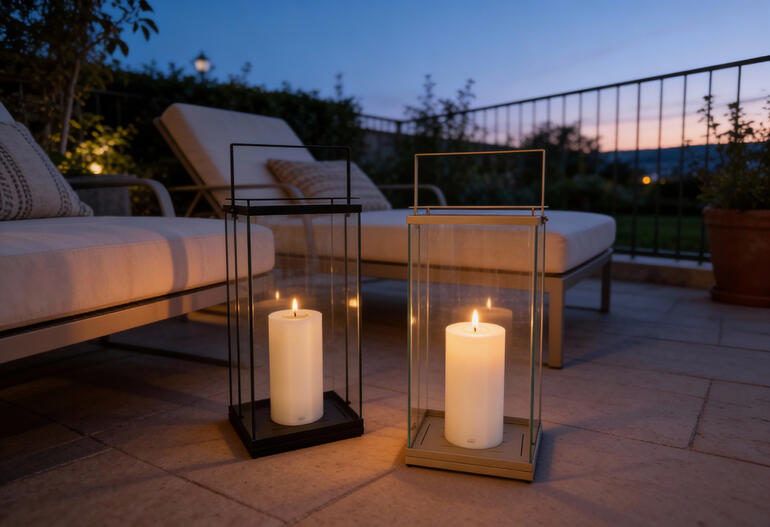 Lantern design avec une bougie sur le sol du jardin.