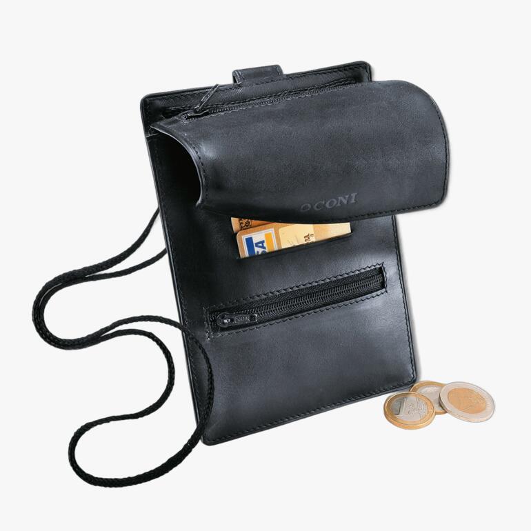 Pochette en cuir noir avec des compartiments pour l'argent et les cartes.